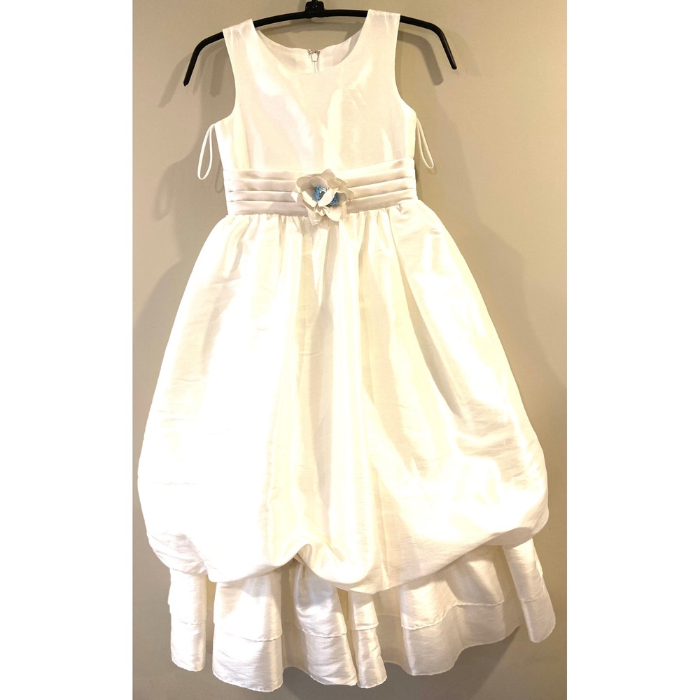 Girls White Formal Flower Girl Dress Sleeveless Bubble Skirt Blue Size 6.